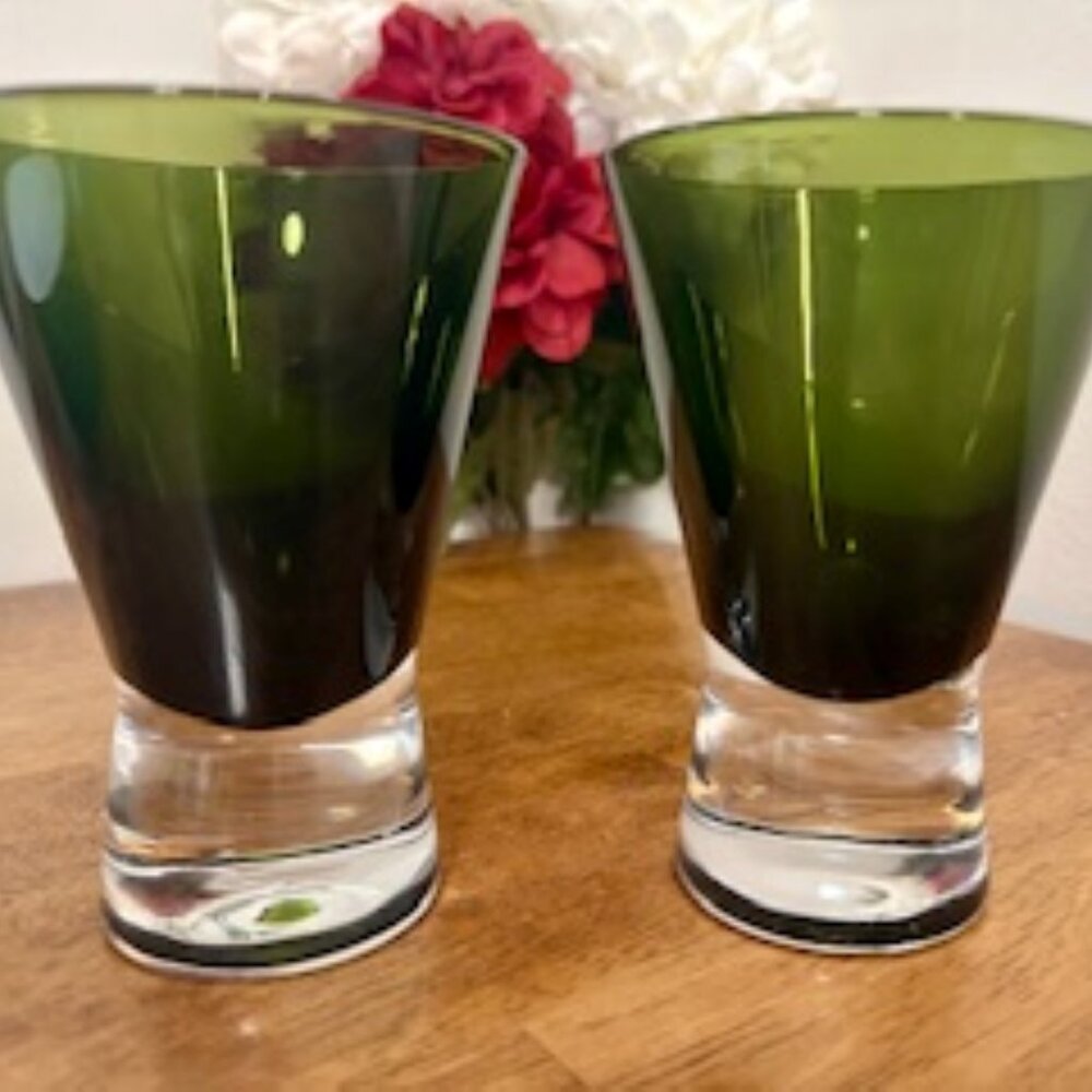 Vintage Olive Green Flared Cocktail Bar Glasses MCM retro bar cart barware